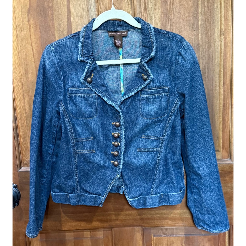 Bandolino Girls Blue Denim Jacket Medium Wash Frayed Edge Button Front Size 10